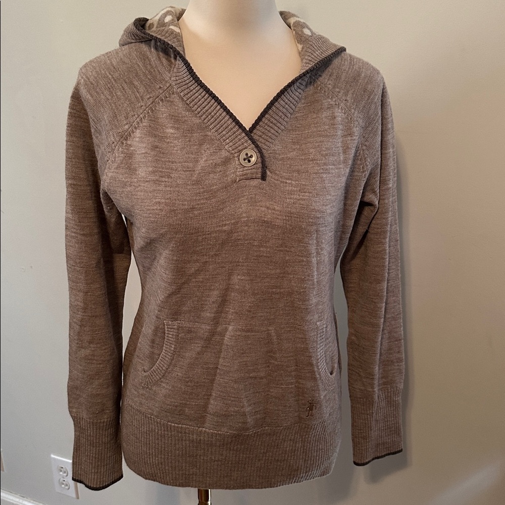 SMARTWOOL M Tan Brown 100% Merino Wool Dazzle Dot Hooded Sweater V-Neck